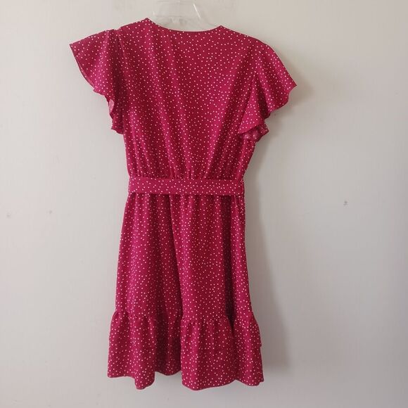 Shein XL Faux Wrap Surplice‎ VNeck Ruffle Tier Red Polka Dots Tie Waist Casual - Picture 2 of 8